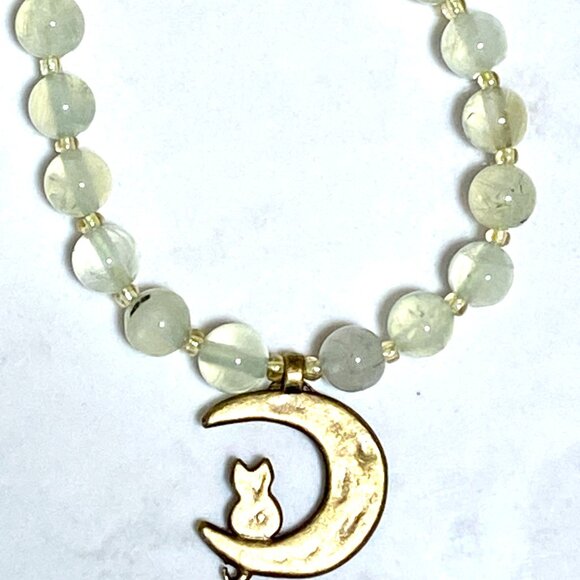 Genuine Gemstone Pale Green Prehnite Bronze Cat on the Moon Beaded Necklace - Picture 6 of 11